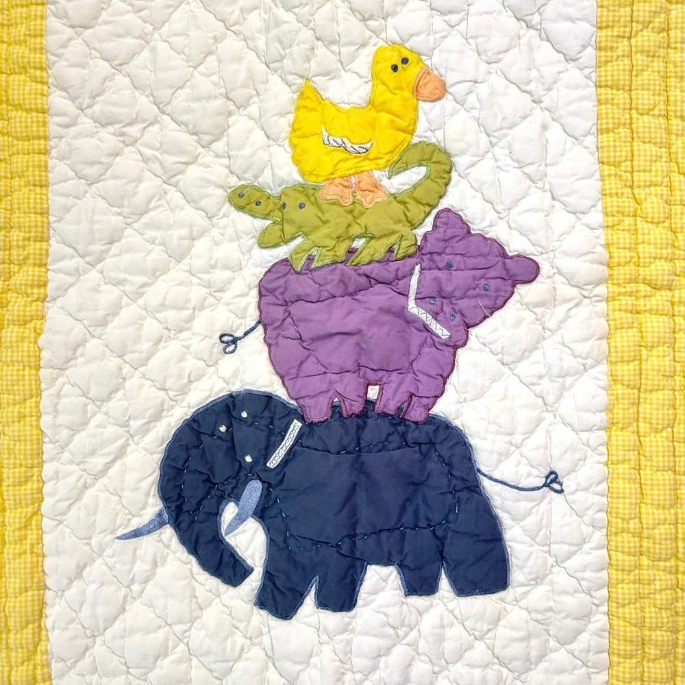 Pottery Barn‎ Kids Baby Crib Quilt Jungle Animal Zoo Blue Yellow Gingham